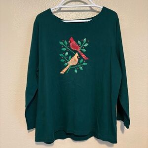 Croft & Barrow The Classic Tee Green Long Sleeve Sequin Sparkle Cardinals Top 2X